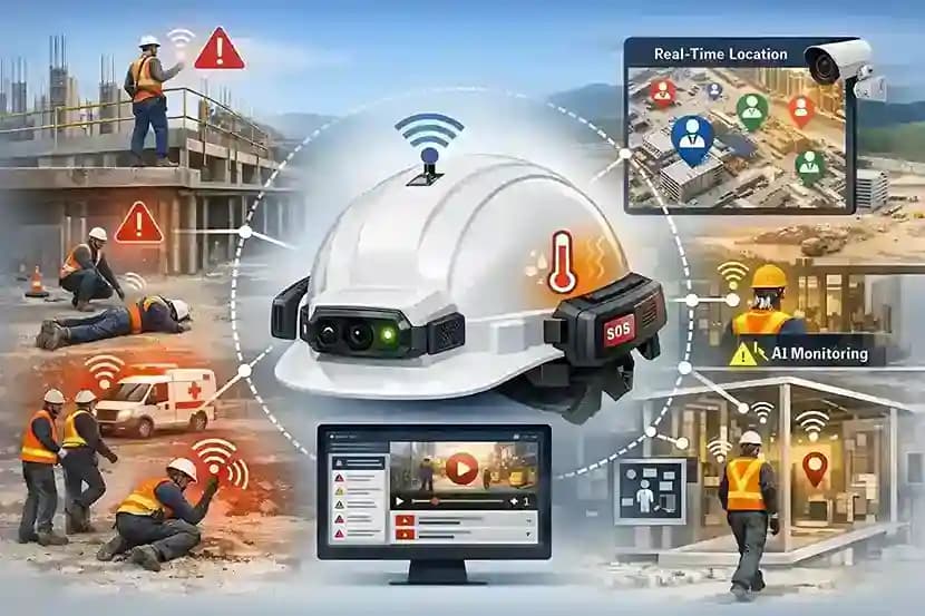 AI-powered construction safety monitoring system with smart helmet tracking, PPE compliance, workers, equipment, and real-time safety alerts