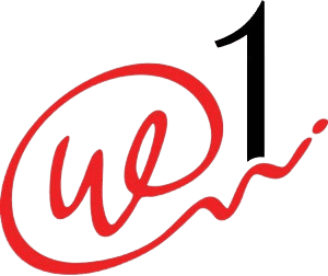 Artistic we-1-logo featuring a red stylized "we" script connected to a black number 1.