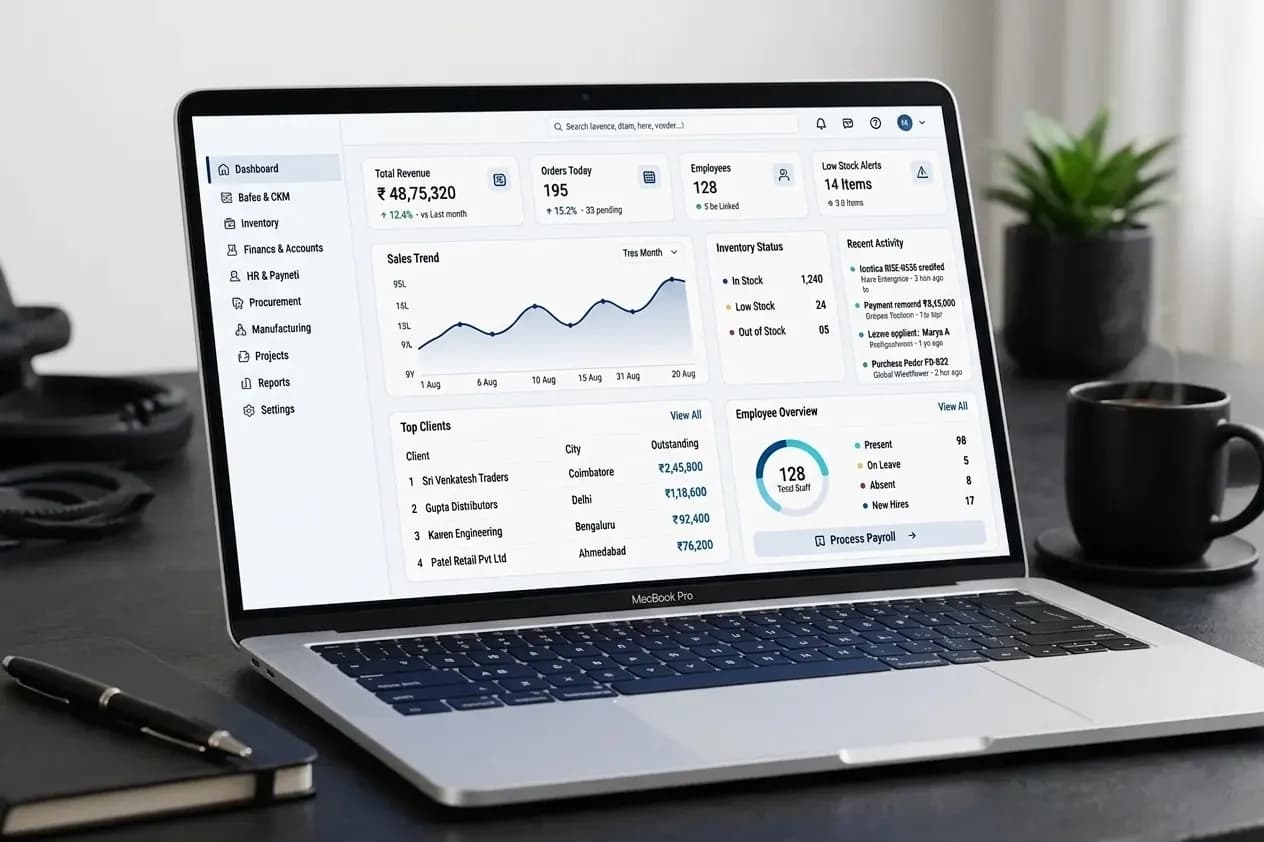Laptop screen presenting an enterprise-erp-dashboard with comprehensive financial summaries, growth charts, and business metrics.