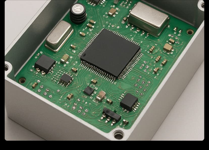 Close-up of circuit board inside enclosure used for gps tracking hardware device.