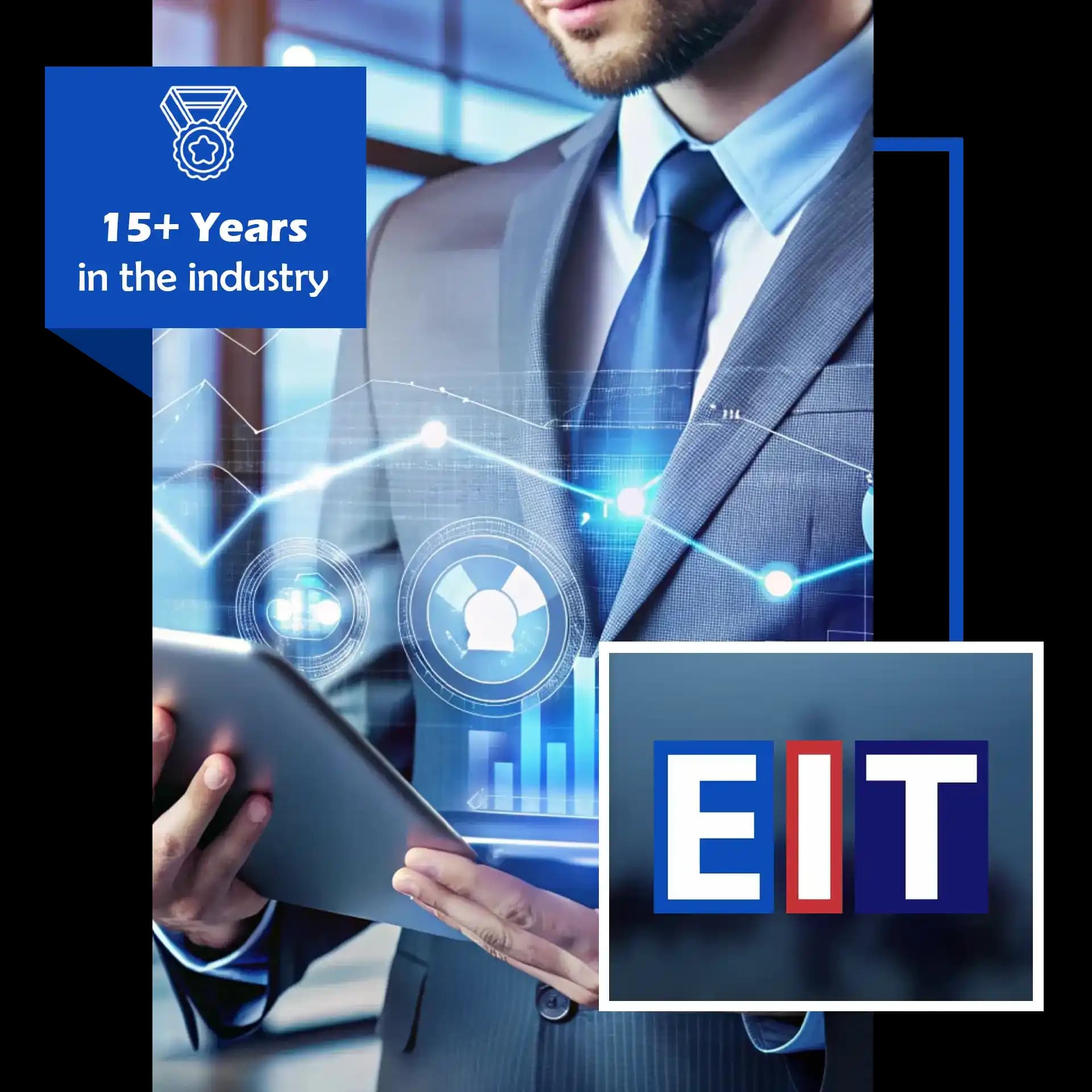 About EIT banner showing a professional working on a laptop with 15+ years in the industry badge and technology branding.