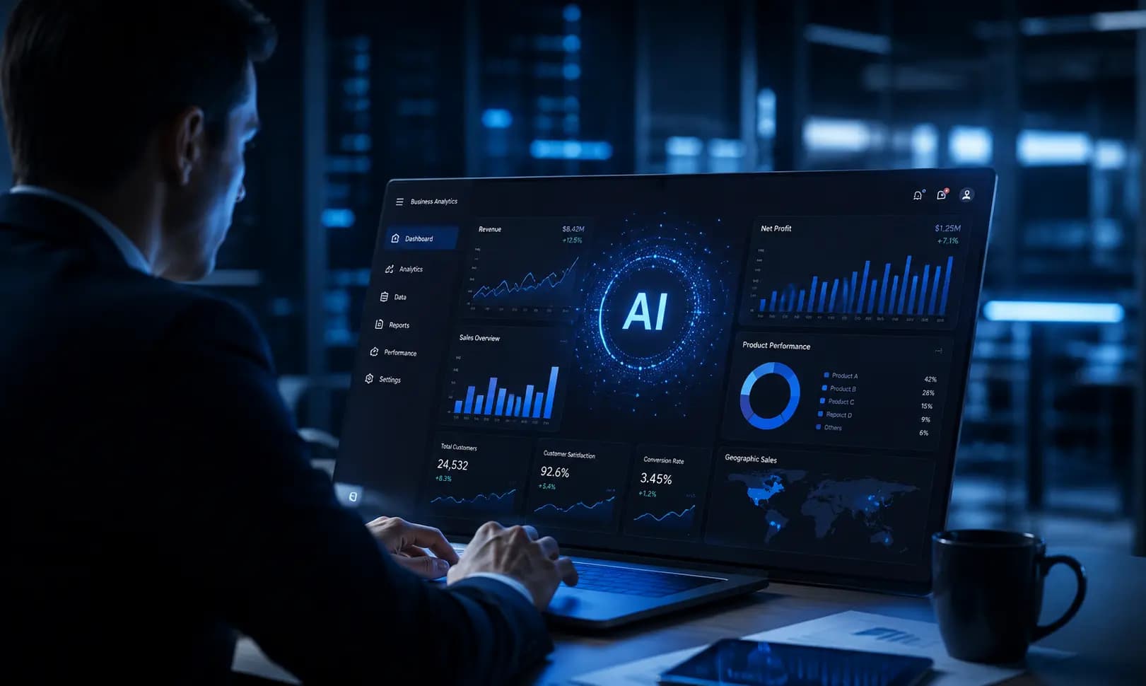 Robot hand and digital dashboard visualizing data insights with AI Business Analytics.