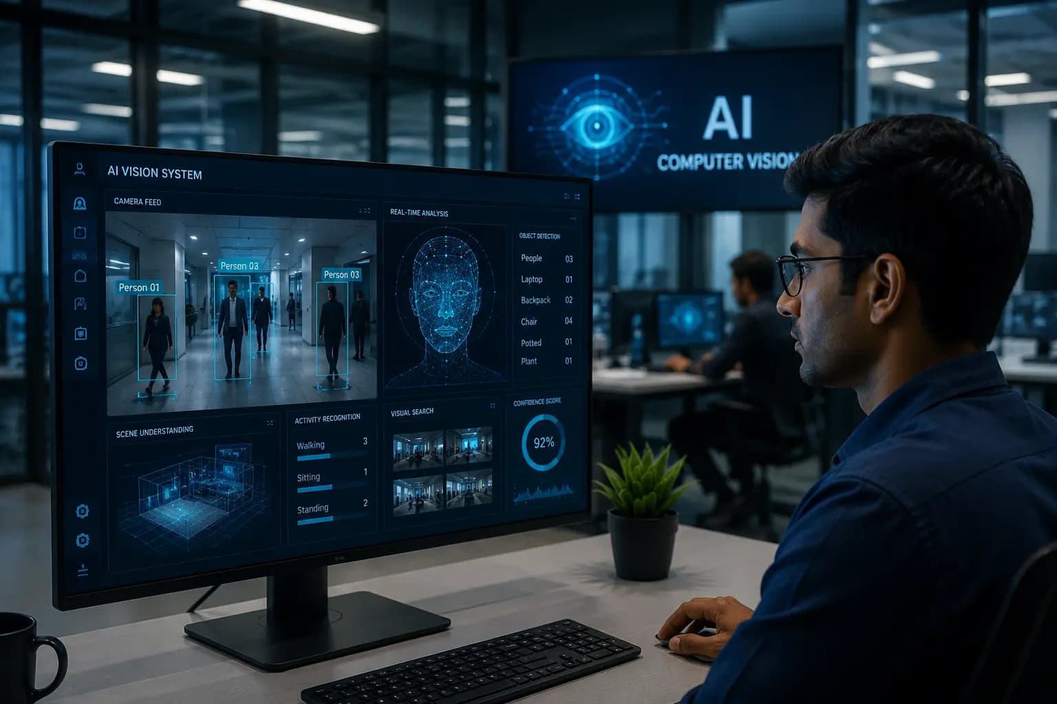 AI computer vision concept showing a futuristic digital eye with scanning interface representing artificial intelligence visual recognition technology.
