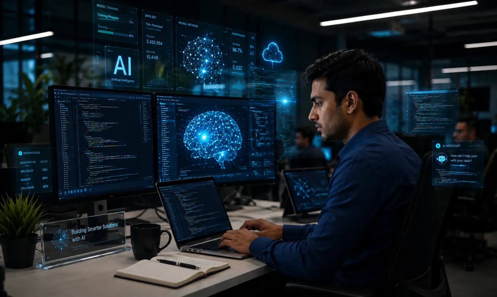 AI engineer analyzing machine learning data on multiple screens in a futuristic workspace representing AI development service for building intelligent business solutions and data-driven systems.