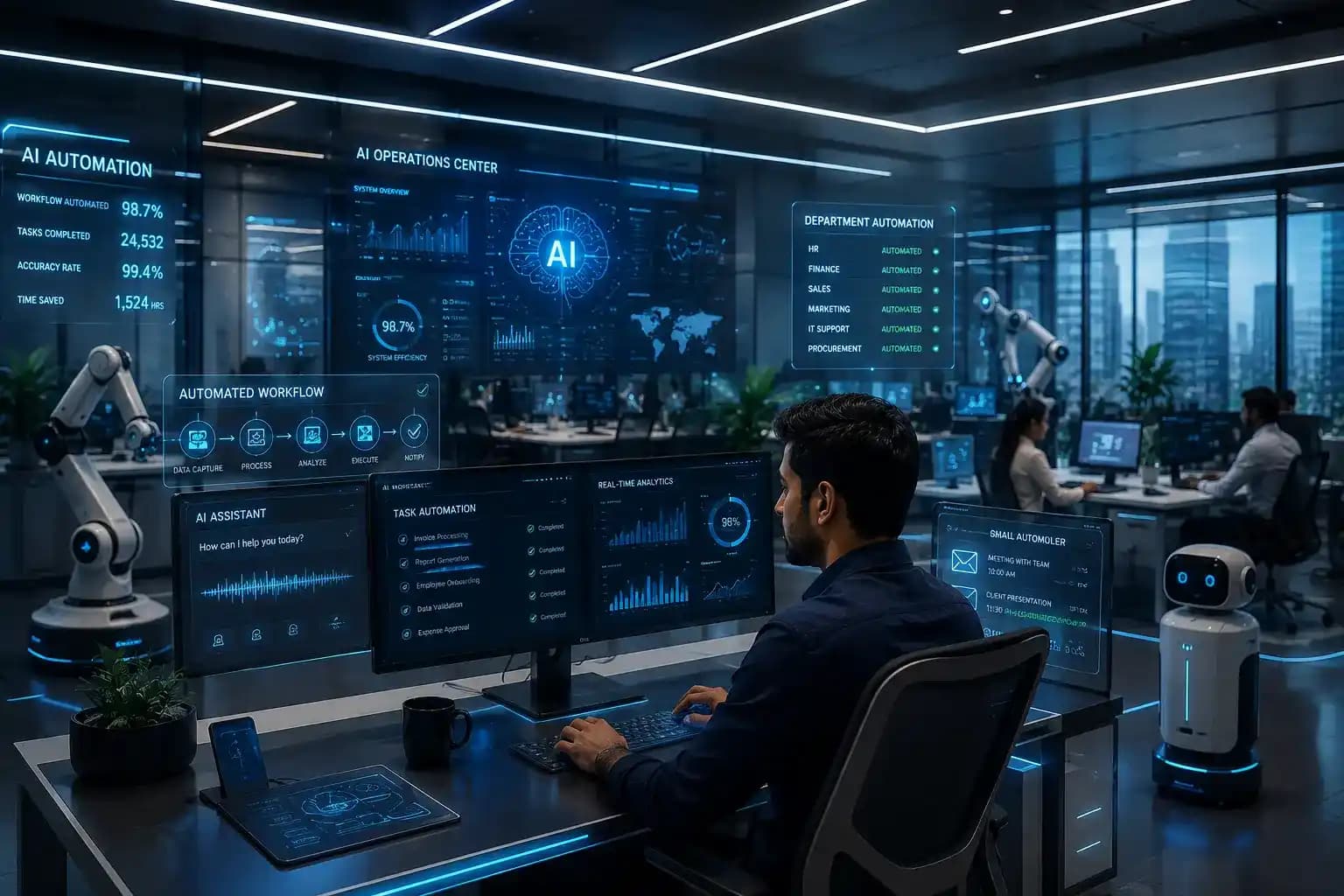 Smart workplace with digital dashboards showing AI Office Automation improving productivity and workflow.