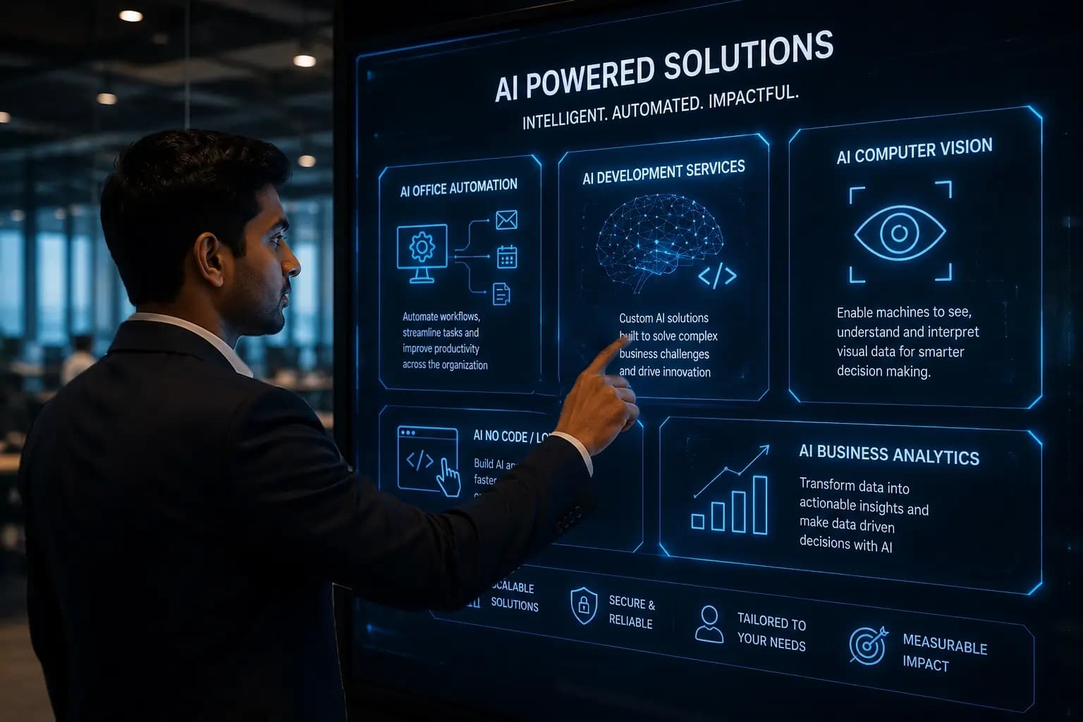 Futuristic robotic hand pushing an upward financial growth arrow and digital chart representing business innovation and AI-Powered Solutions for smarter operations and analytics.