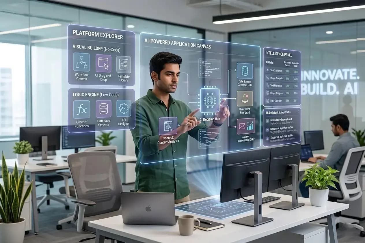 Developer interacting with a visual app builder interface for no code low code application development.