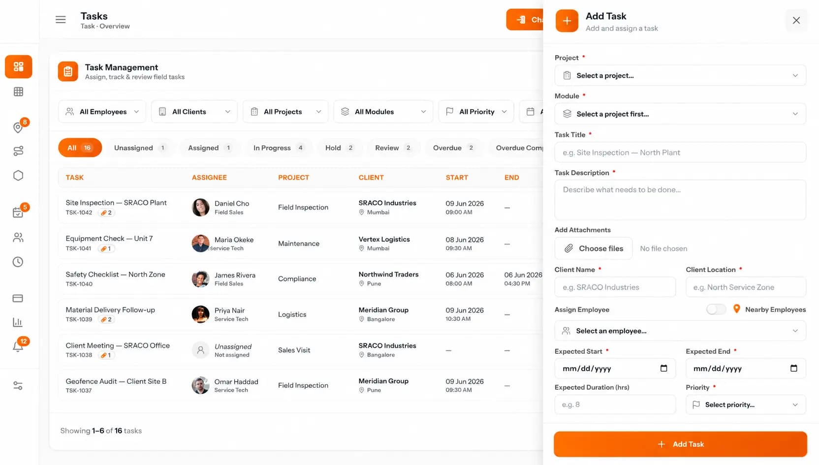 Workforce tracking dashboard for quick dispatch and task assignment 