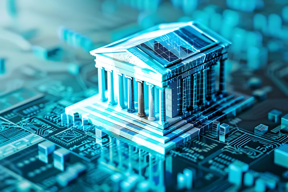 Smart banking infrastructure on microchip representing finance industry powered by ai services.