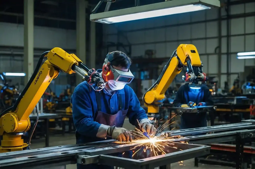 Factory worker operating robotic arms and welding steel, showcasing smart manufacturing powered by ai development service.