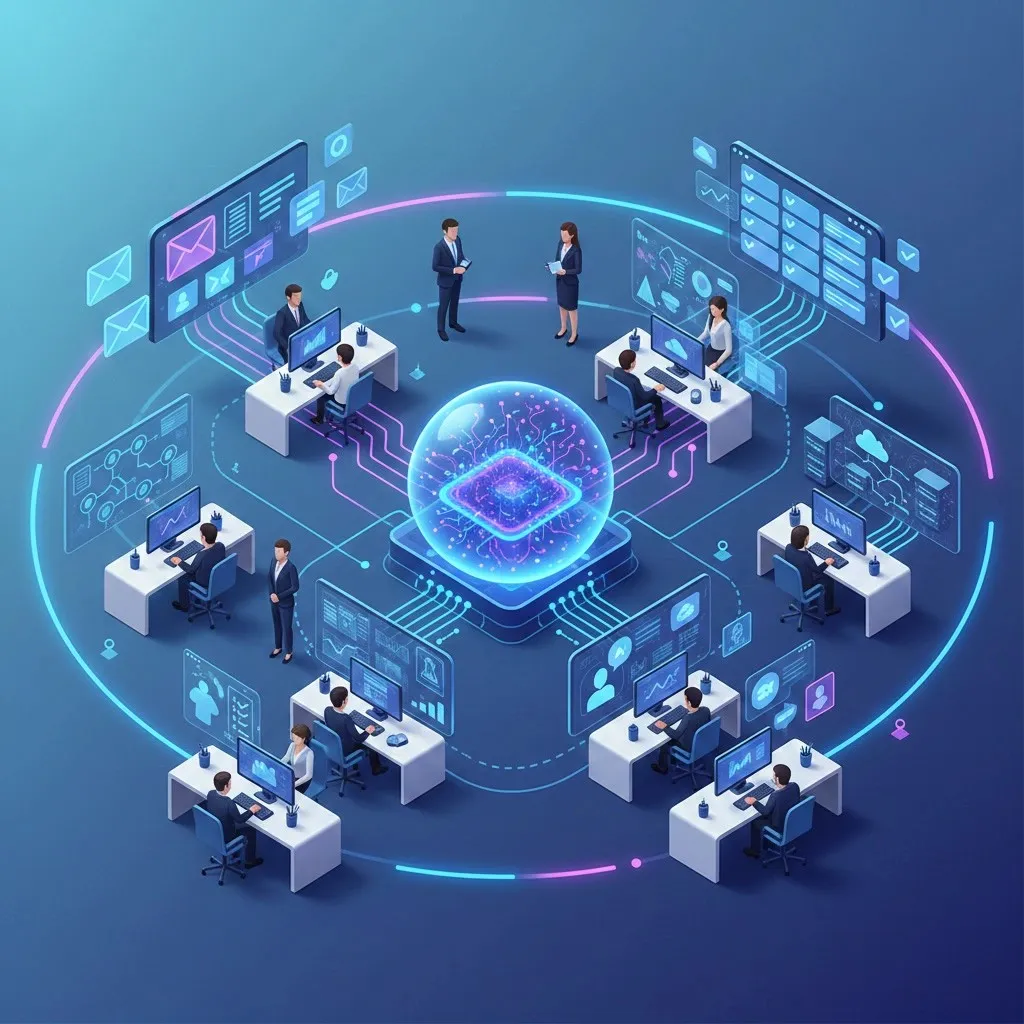Illustration of AI-powered office automation system showing connected employees, digital dashboards, and centralized data processing in a smart workplace environment.