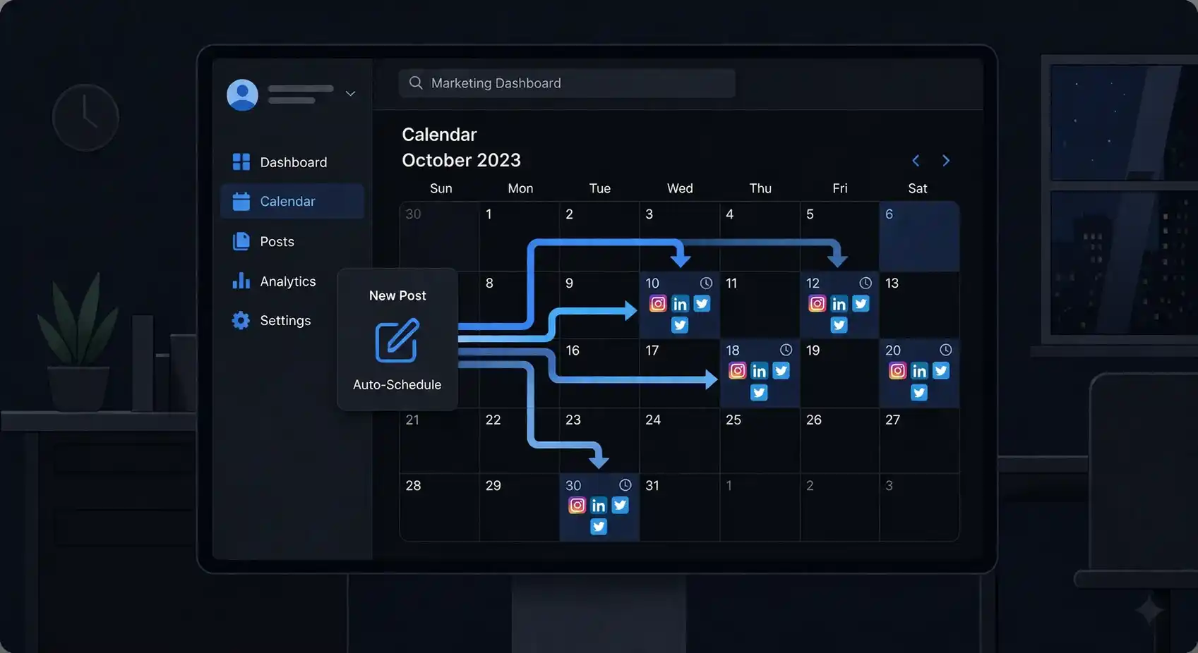 AI-powered office automation social media scheduling dashboard.