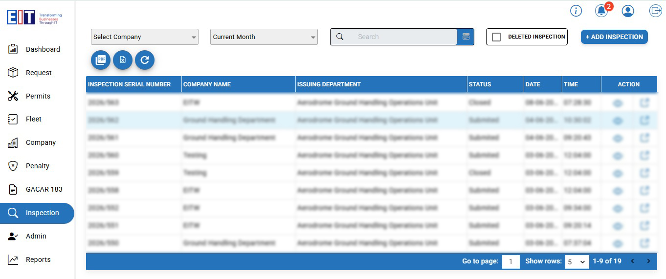 Inspection dashboard preview