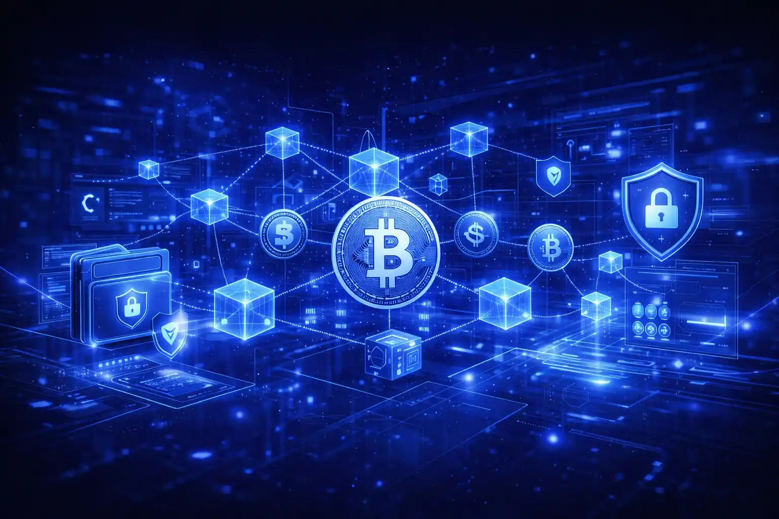 Futuristic digital network with Bitcoin symbol, secure nodes, and encrypted data blocks representing advanced blockchain technology solutions.