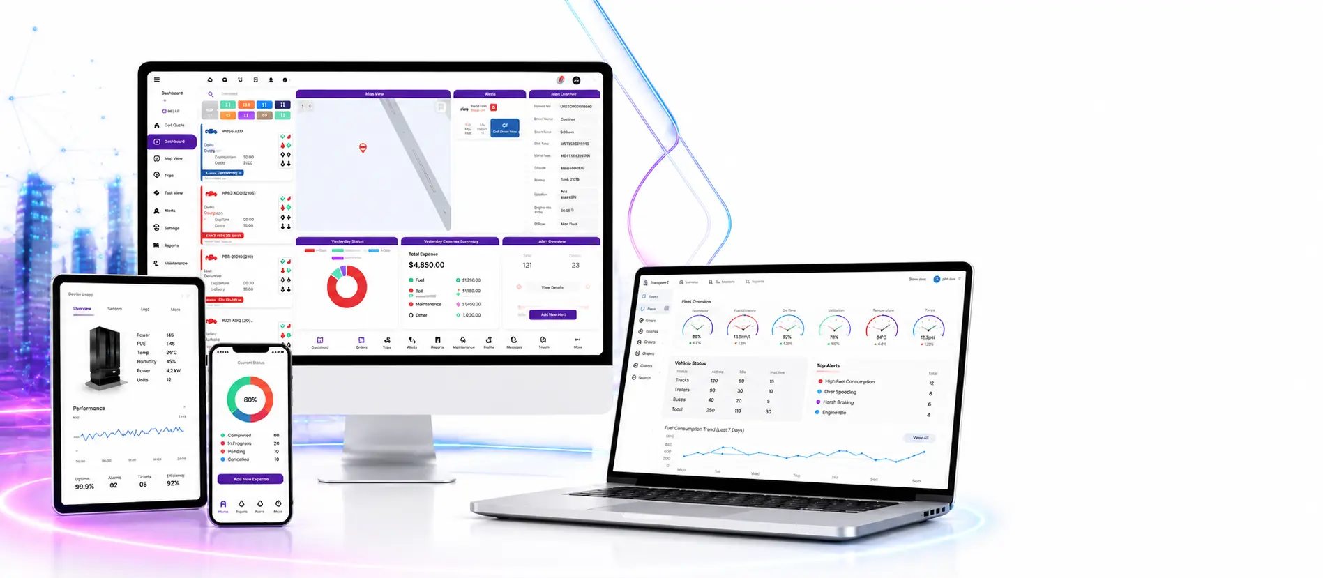 Custom full stack web app development dashboard displayed across multiple digital devices.
