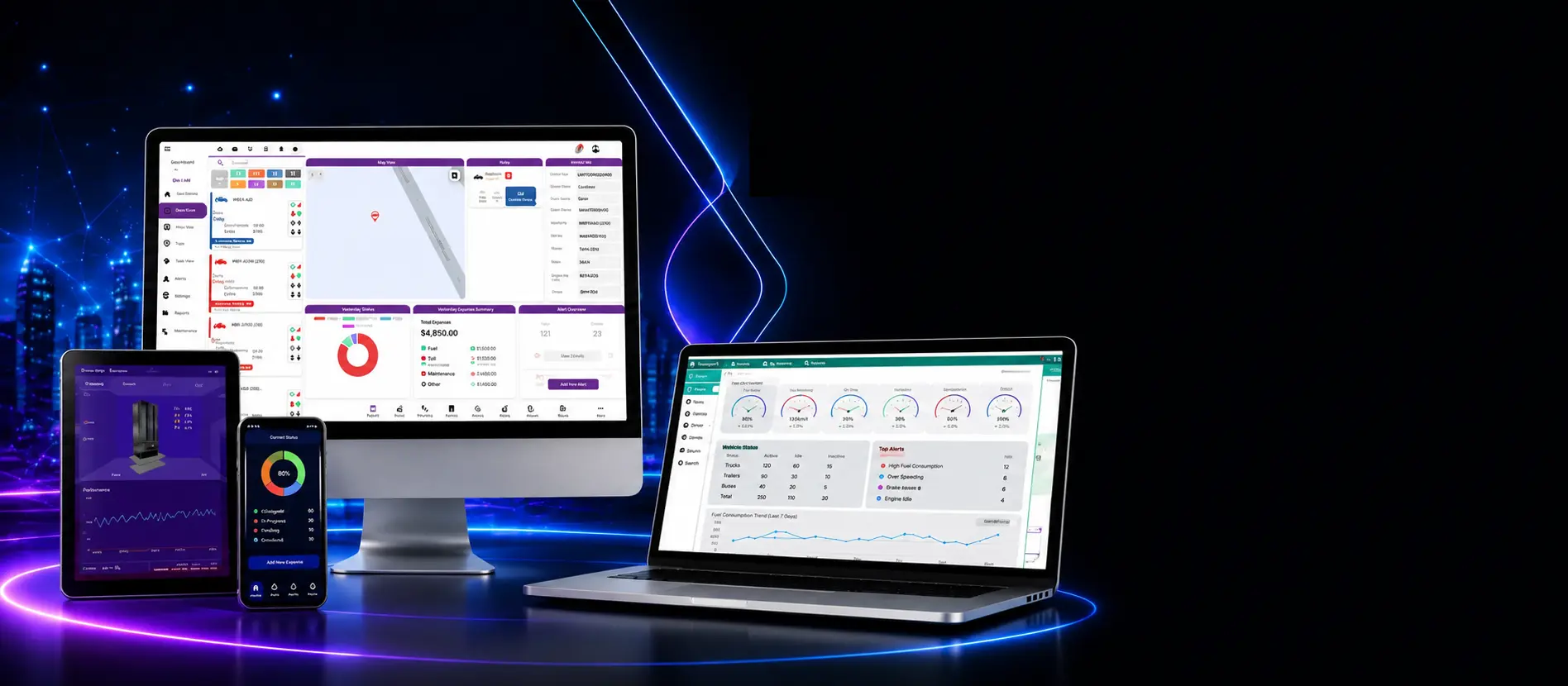 Custom full stack web app development dashboard displayed across multiple digital devices.