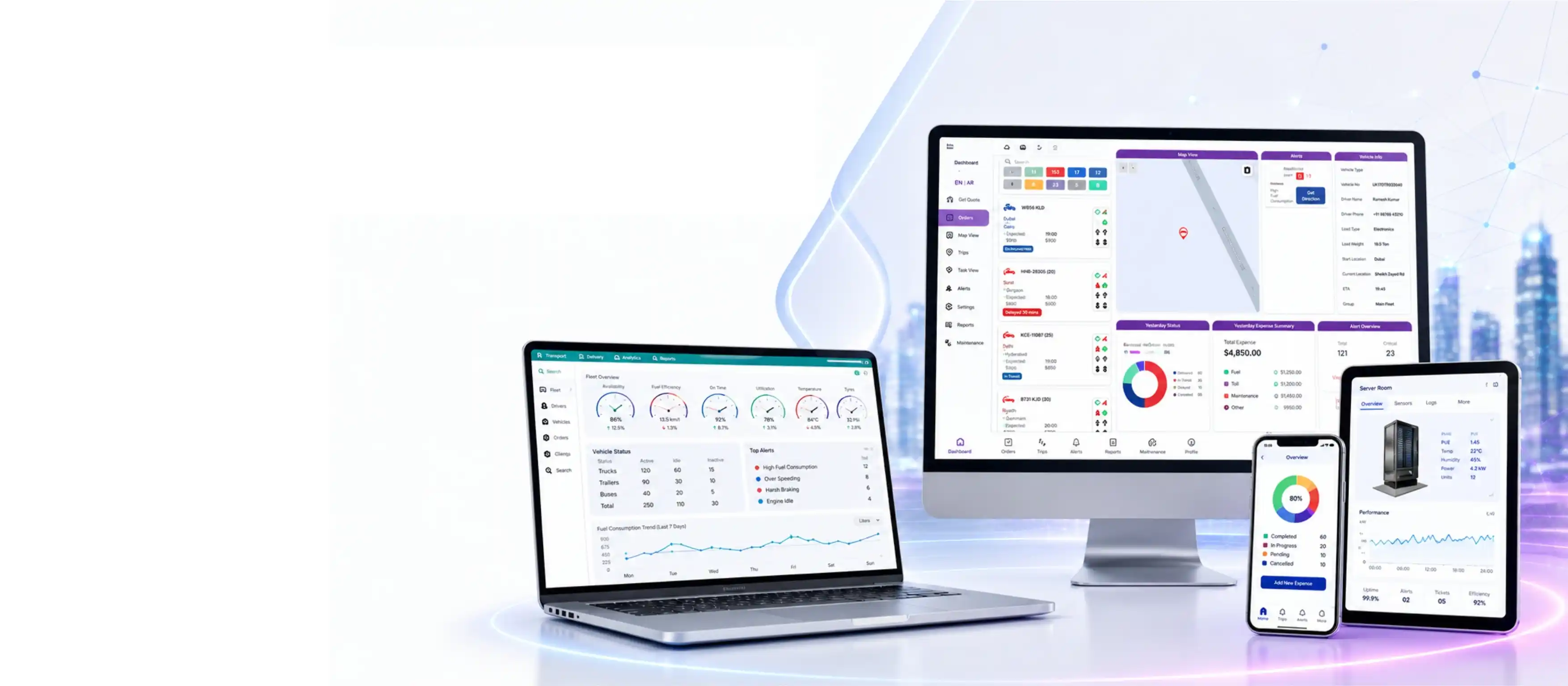 Custom full stack web app development dashboard displayed across multiple digital devices.