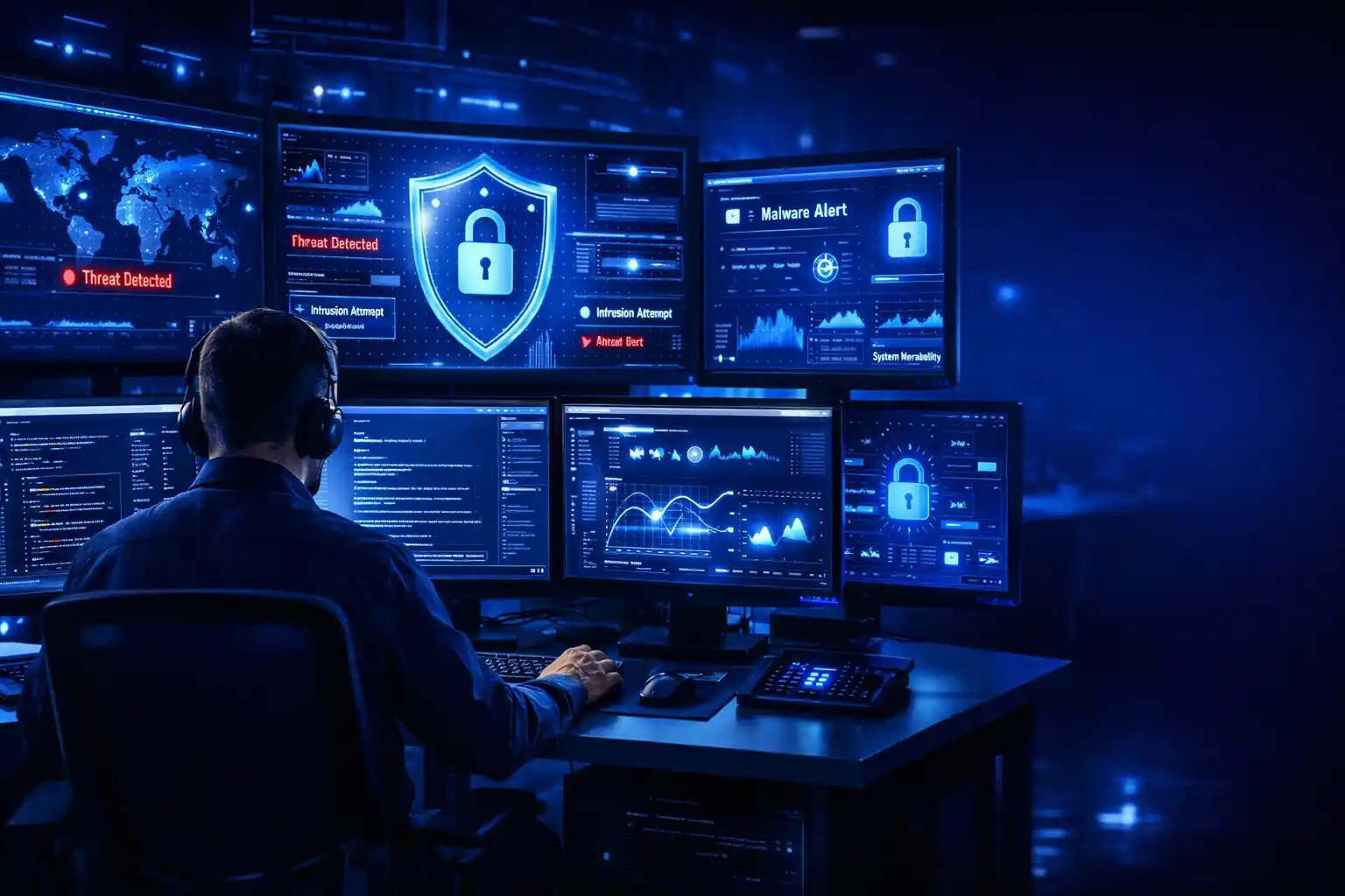 Security analyst monitoring multiple threat detection dashboards and shield icons in a control room, representing advanced cybersecurity service and network security solutions for businesses.