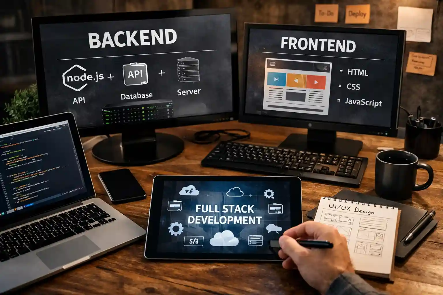 Digital interface with code, circuits, and online icons representing innovative Full Stack Software Development solutions.