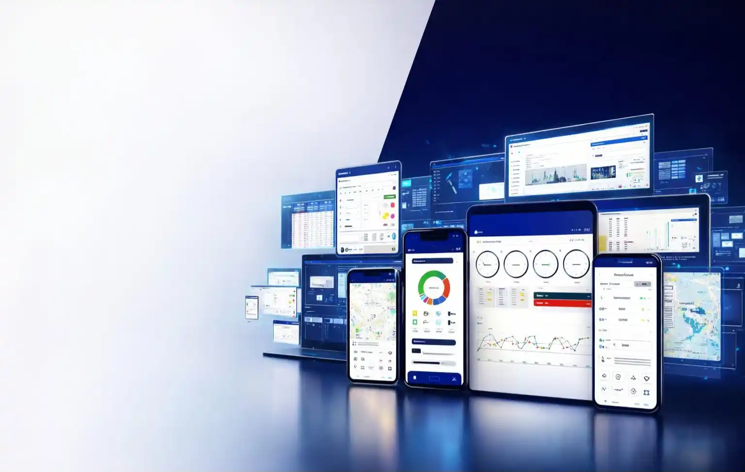 Custom full stack web app development dashboard displayed across multiple digital devices.