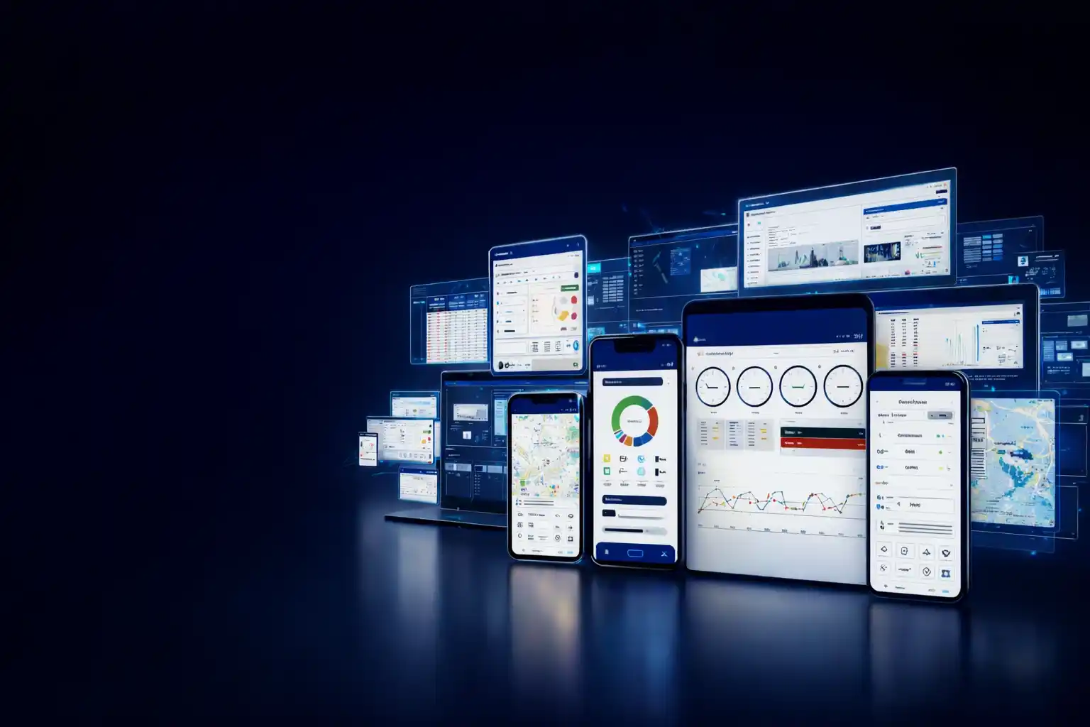 Custom full stack web app development dashboard displayed across multiple digital devices.