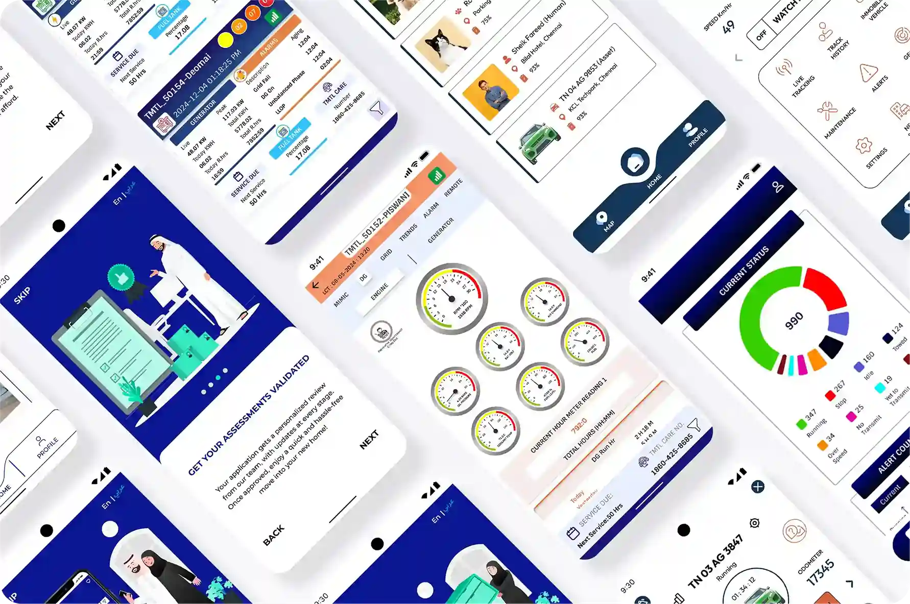 Two smartphones displaying a vehicle tracking interface with live speed, watch mode, alerts, and diagnostics features, showcasing professional mobile app development solutions.