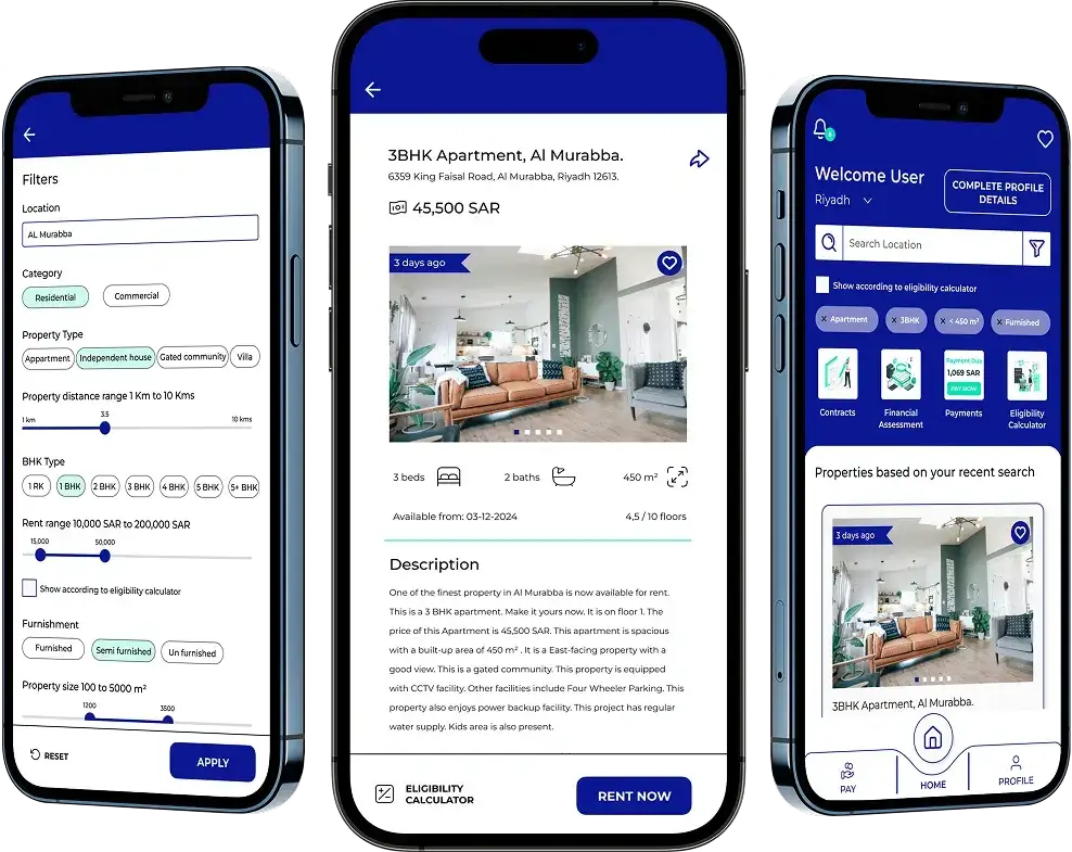 Three smartphones displaying property search, filters, listings, and rental details interface, showcasing modern mobile app development for real estate solutions.