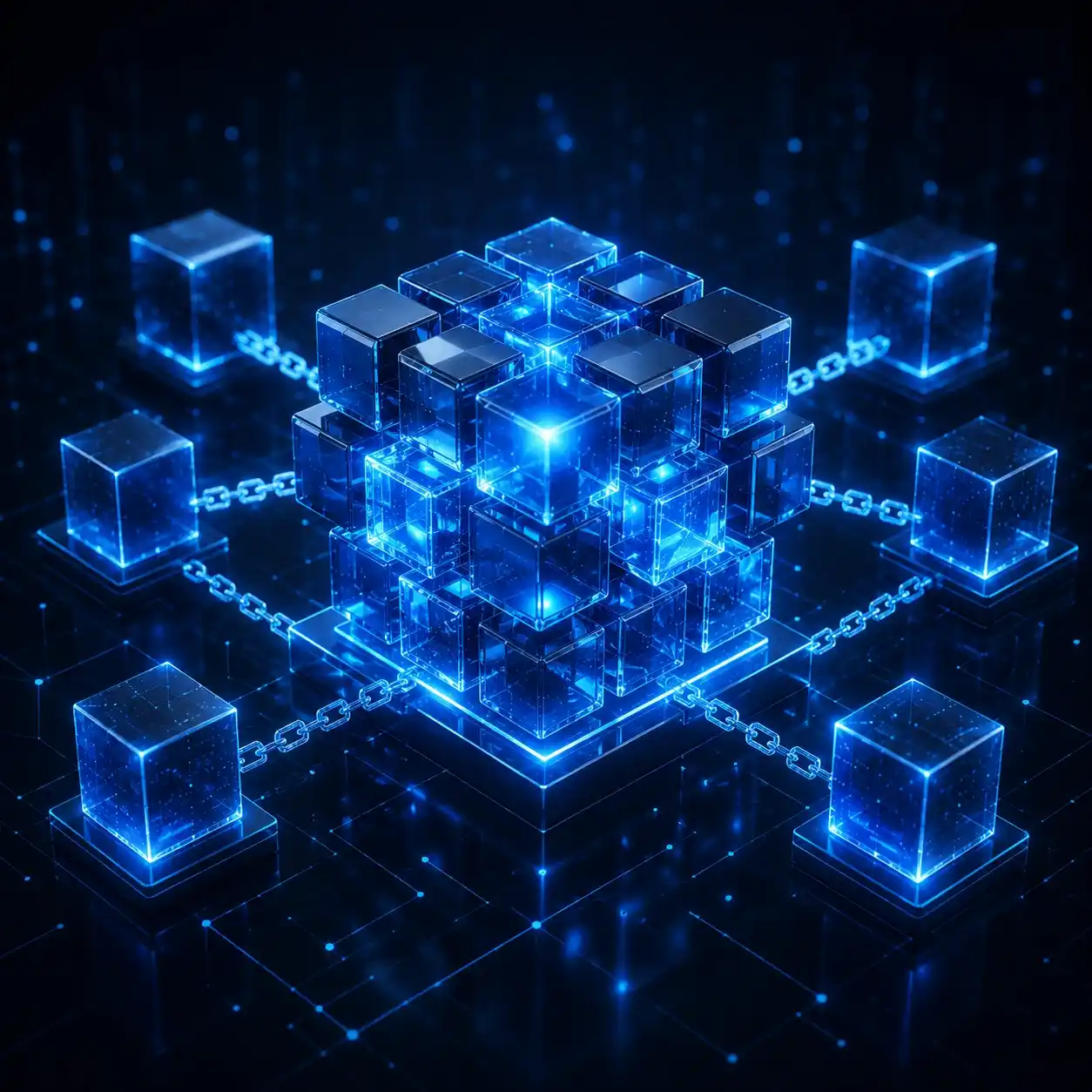 3D blockchain cube cluster glowing with blue light