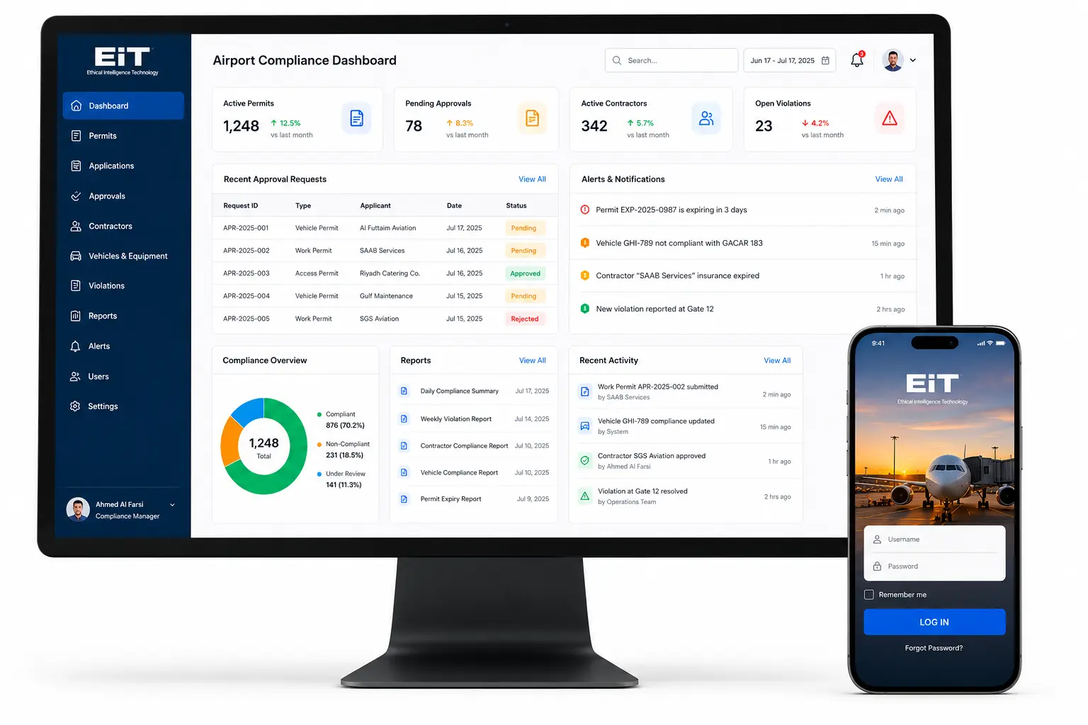 Airport Management Services Desktop dashboard and mobile app displaying analytics and aircraft interface for airport management services.