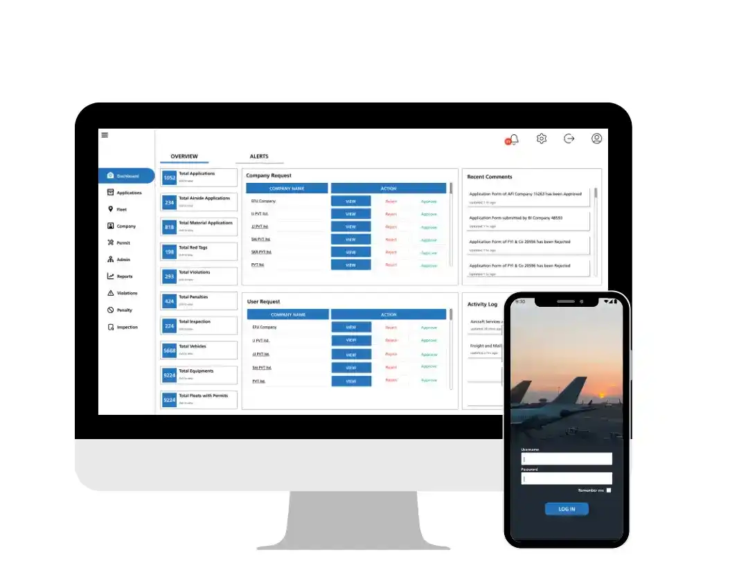 Desktop dashboard and mobile app displaying analytics and aircraft interface for airport management services.