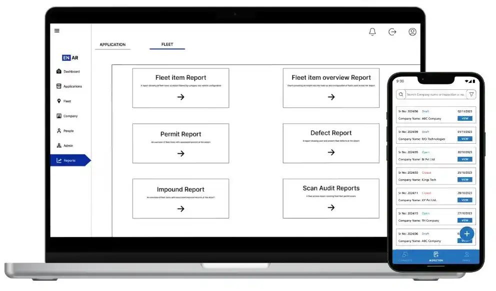 Laptop and mobile dashboard showing fleet reports and audits for airport vehicle management systems.