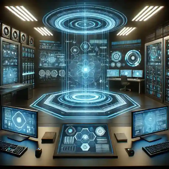 Futuristic control room with holographic dashboard and servers representing network security monitoring system