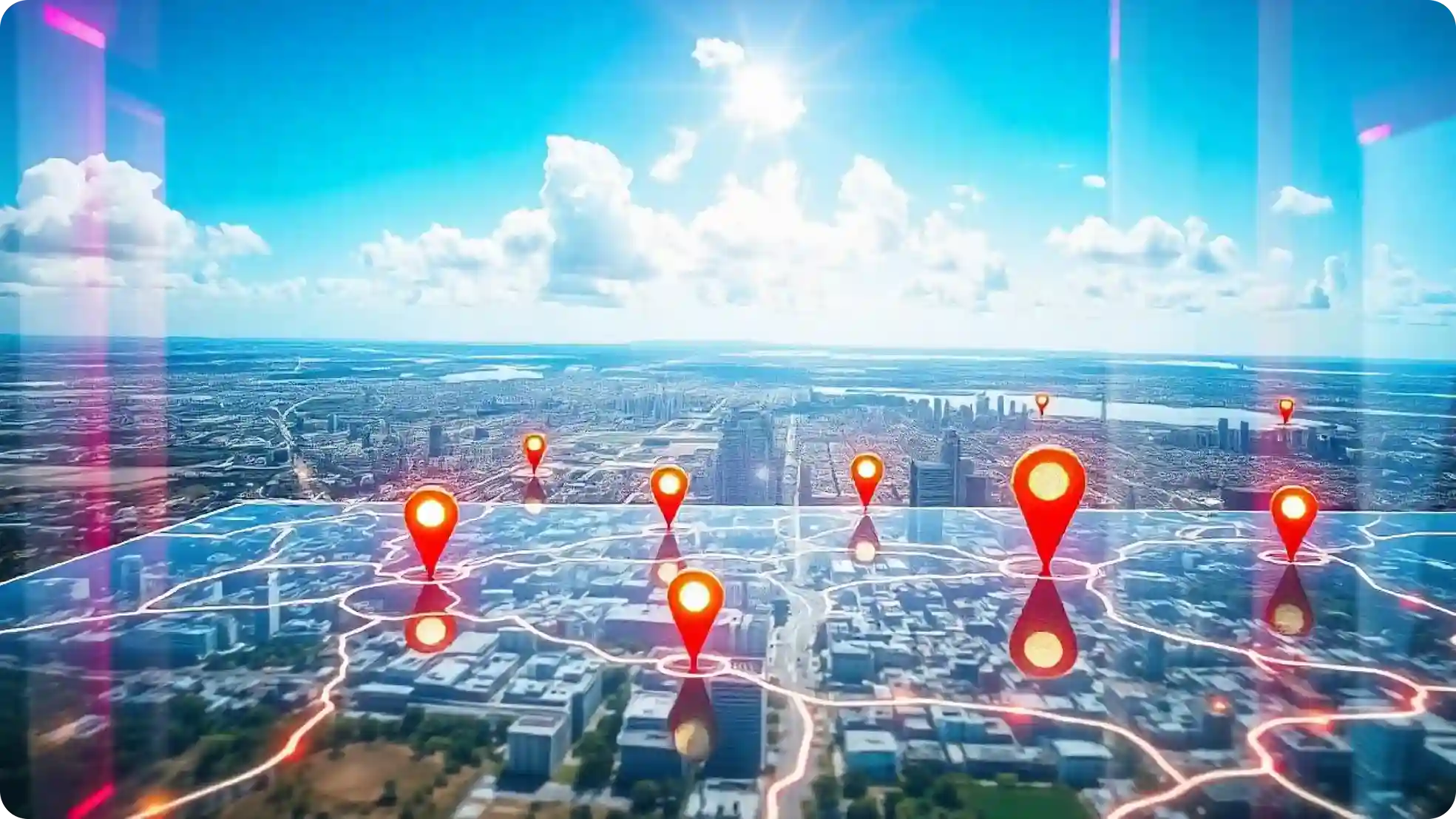 Digital highway map with trucks and cars connected by glowing routes and location pins, illustrating fleet-tracking and vehicle-tracking technology for logistics management.