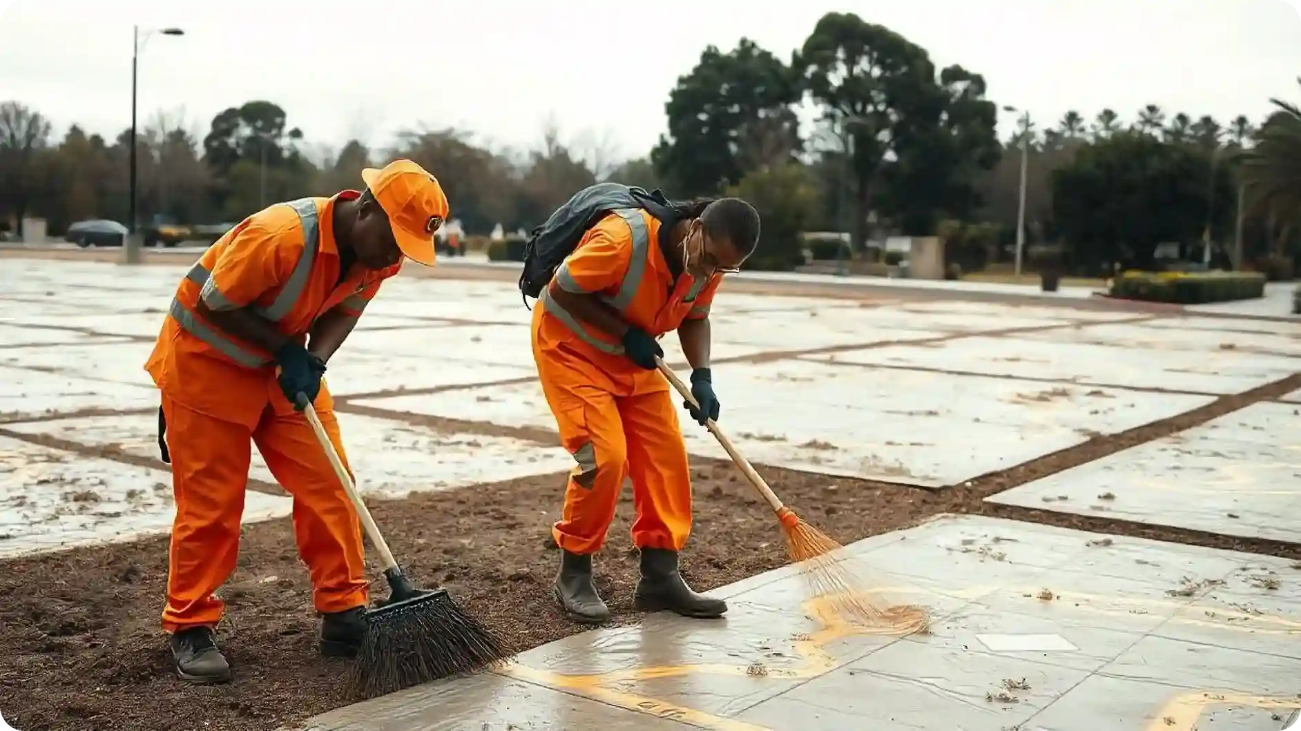 Workers in orange uniforms sweeping a large outdoor pavement area, representing a labor-management-system used to coordinate cleaning crews and workforce tasks.