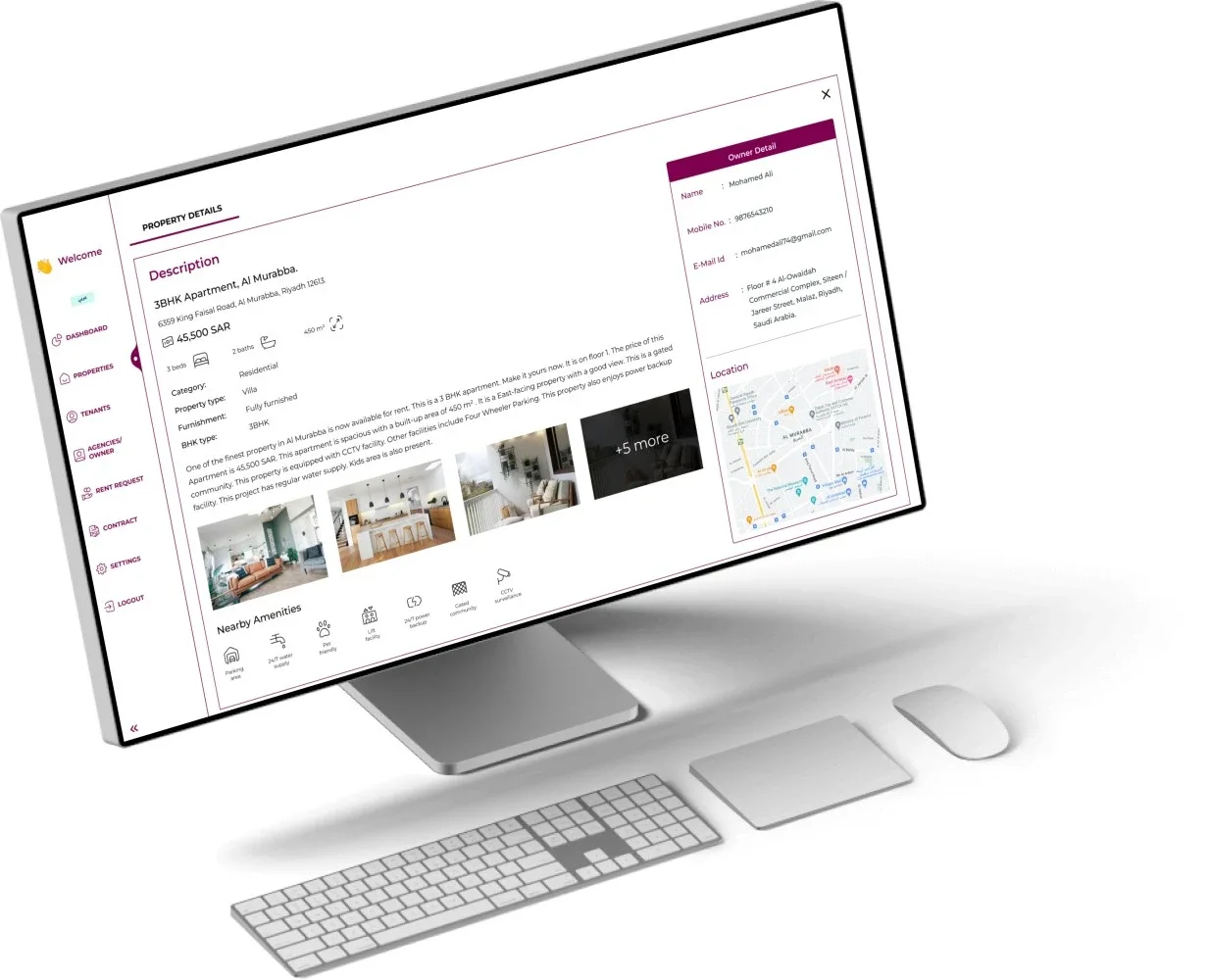 Desktop dashboard displaying property listings and tenant details for rent manager software.