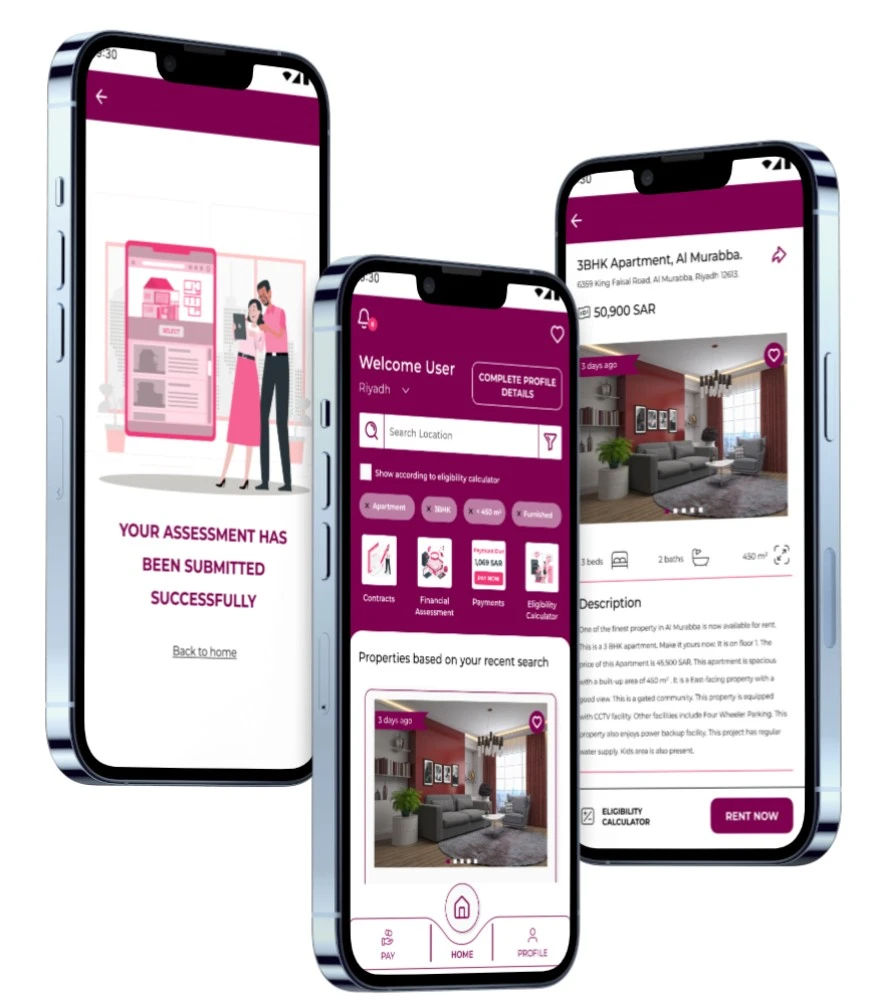  Mobile app screens showing property listings and application status for rental management company services.