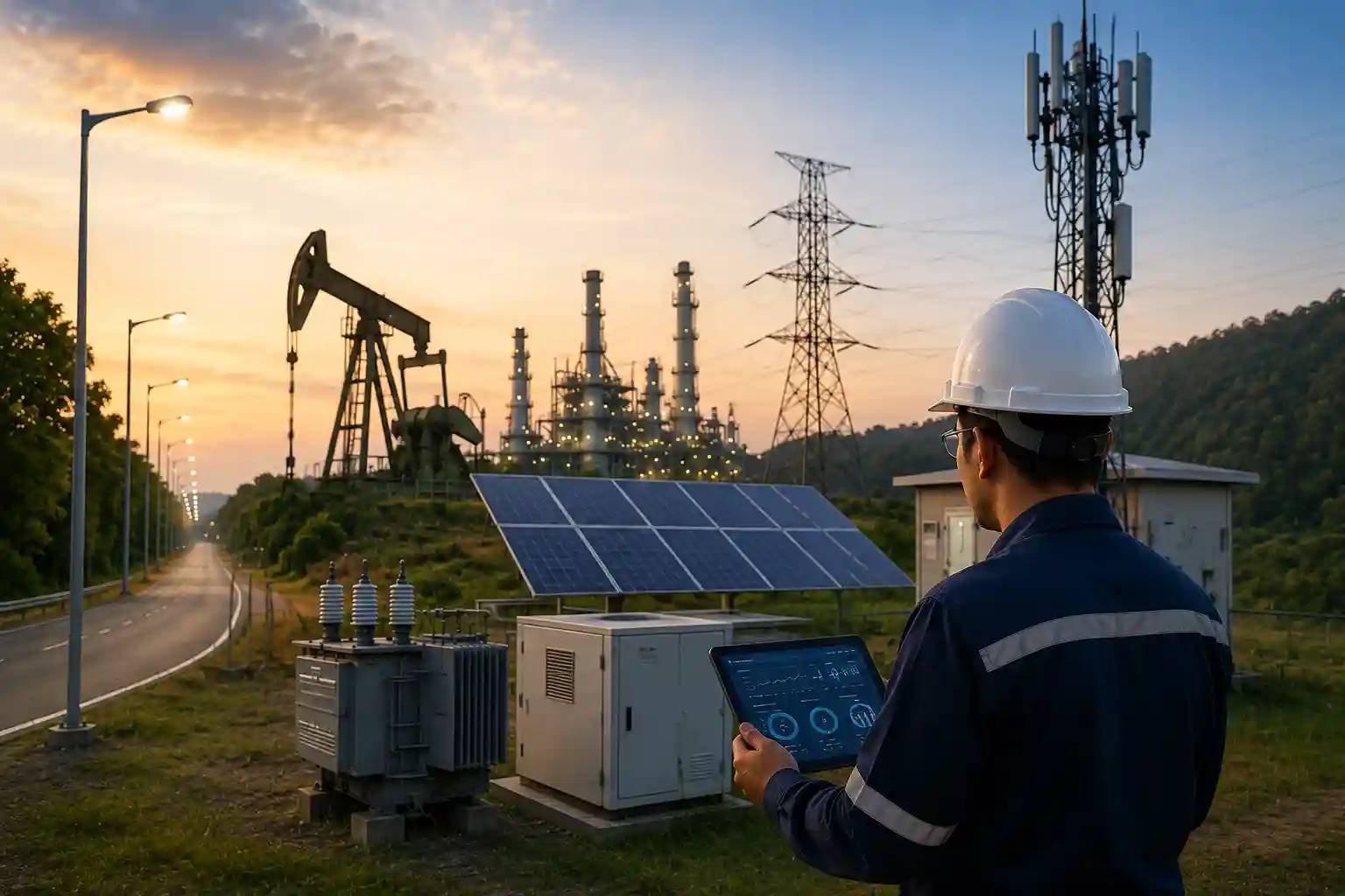 Smart Energy Management Using IoT Engineer monitoring smart energy system with solar panels, oil pump, power lines and telecom tower at sunset using tablet device