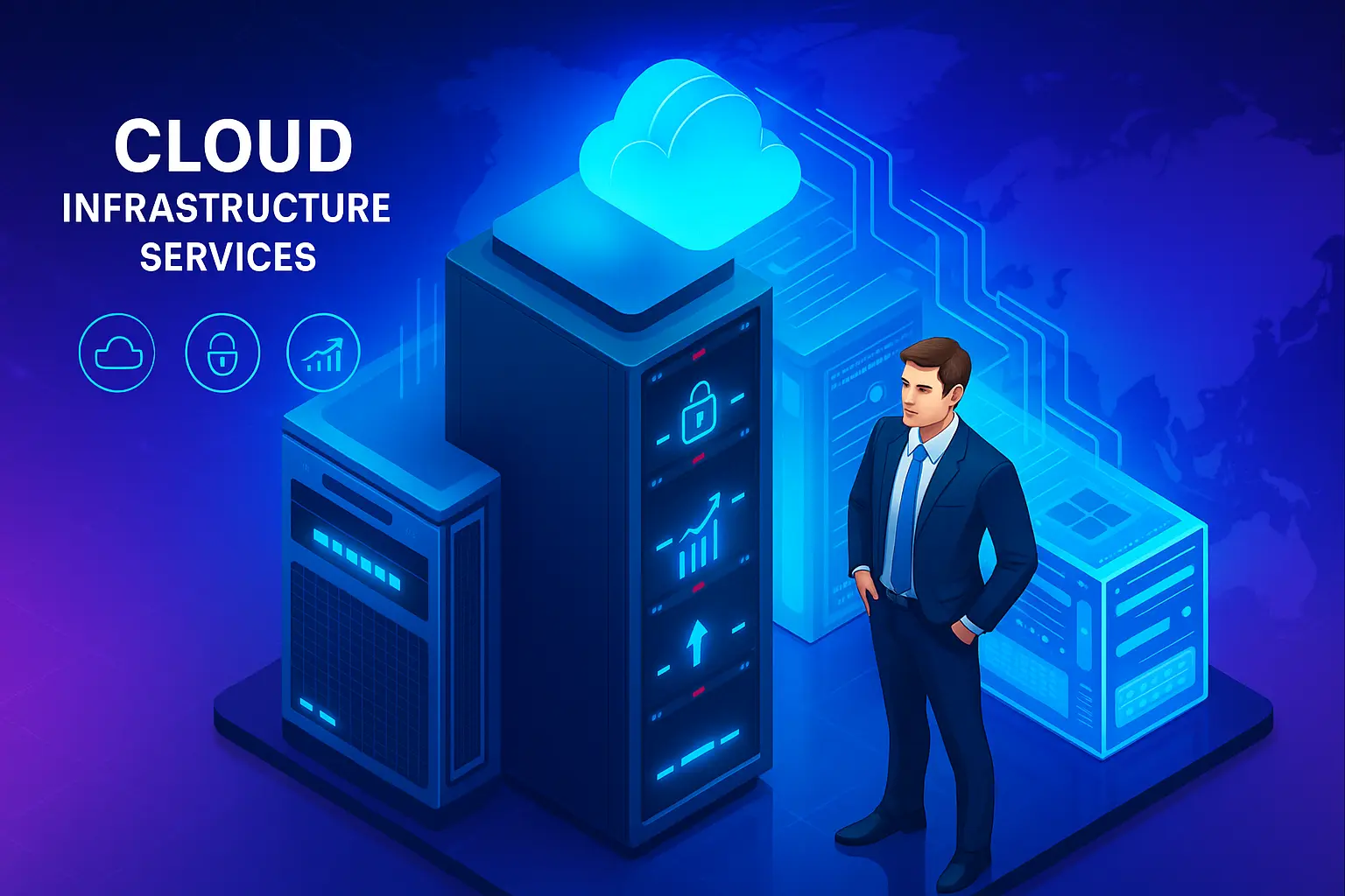 Professional consultant with cloud server infrastructure and data management systems