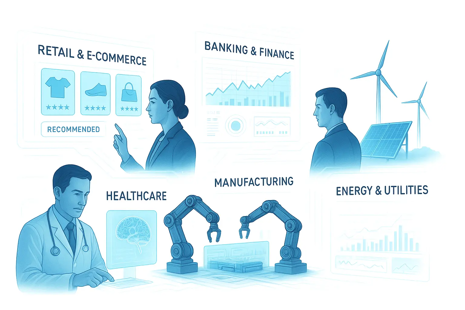 Industries We Serve - Retail, Banking, Healthcare, Manufacturing, Energy sectors
