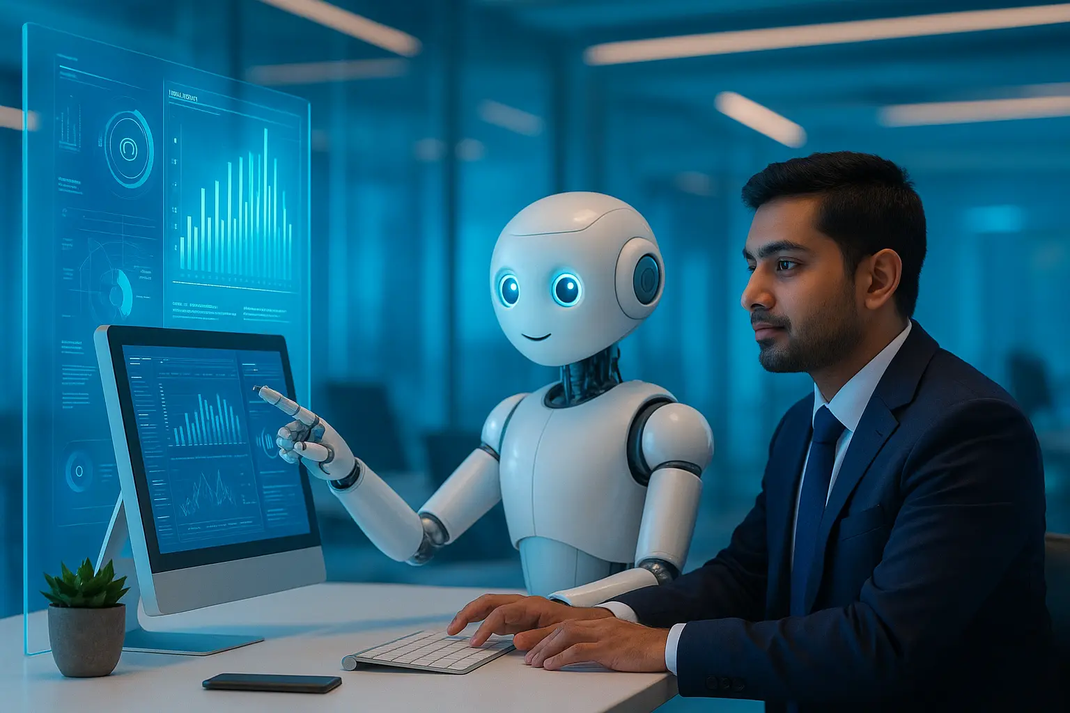Businessman collaborating with AI robot on data analytics