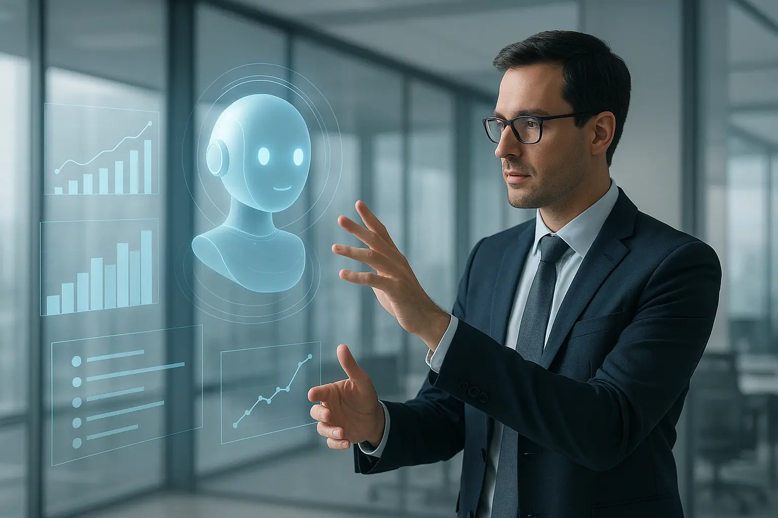 Businessman interacting with AI holographic interface and data analytics
