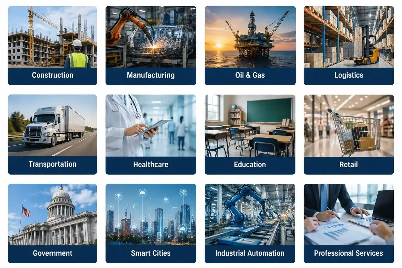 Industries we serve: construction, manufacturing, oil & gas, logistics, transportation, healthcare, education, retail, government, smart cities, industrial automation, and professional services.
