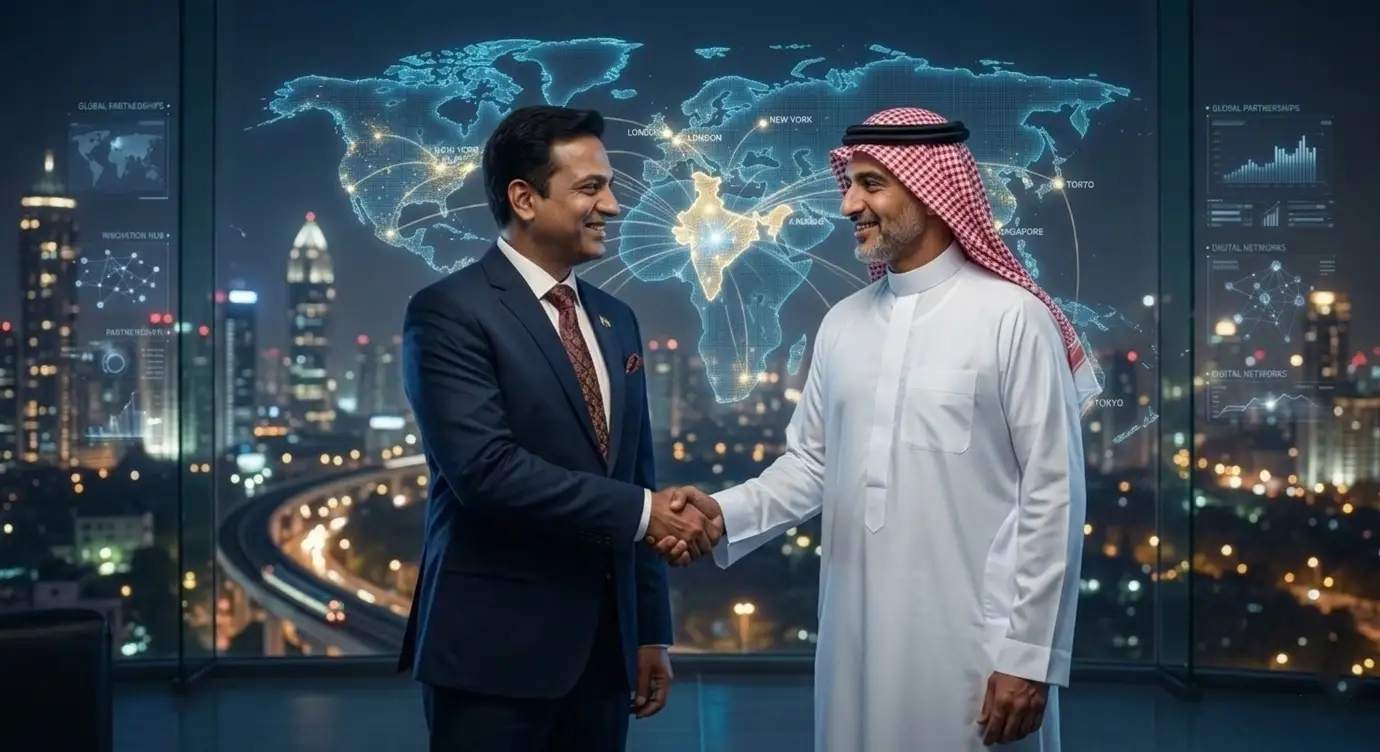 Business handshake over global network background – contact EIT for partnership.