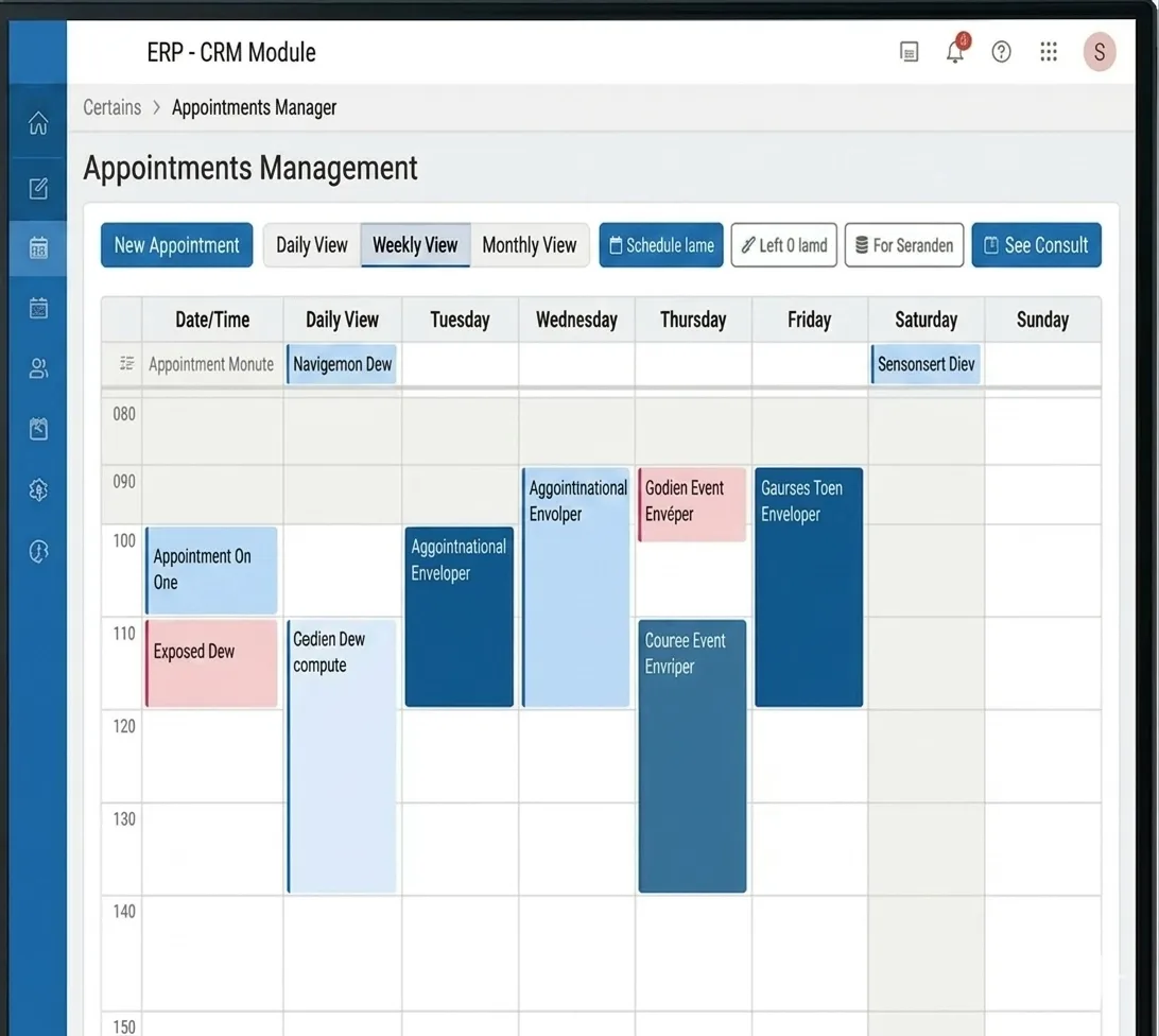 A clean digital calendar interface for appointment management, featuring color-coded scheduling blocks for efficient team coordination.