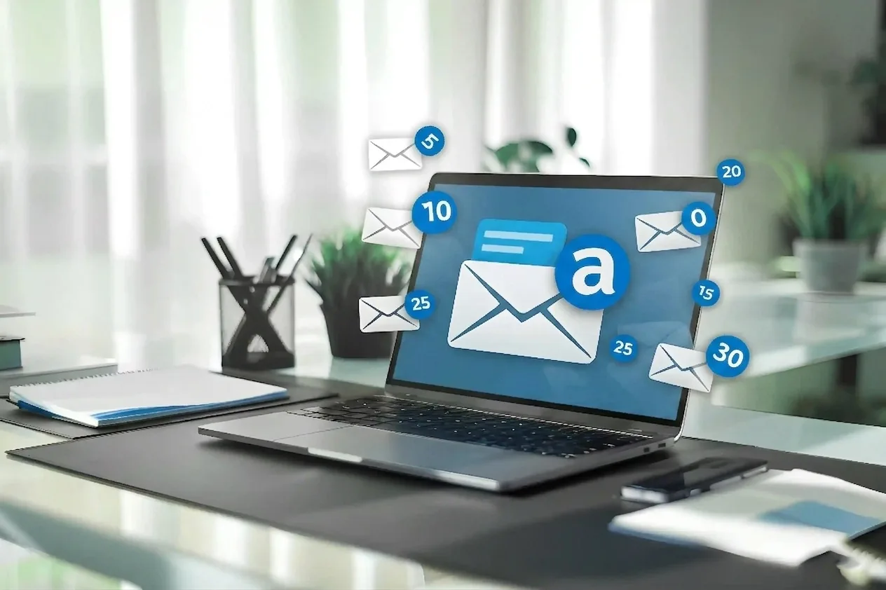 Laptop displaying a campaign email marketing module with floating email icons, representing automated customer outreach and engagement.