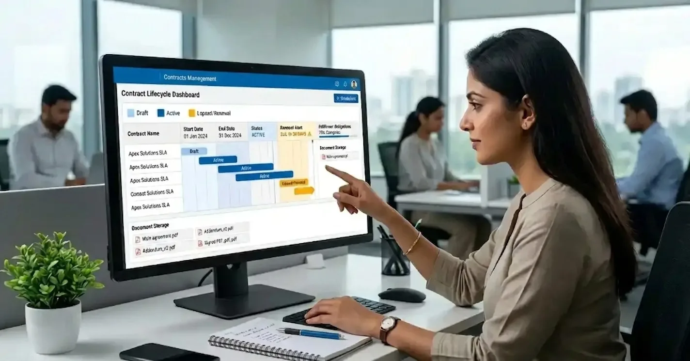 Professional reviewing a contract management interface on a desktop, tracking legal documents and project timelines in a bright office.