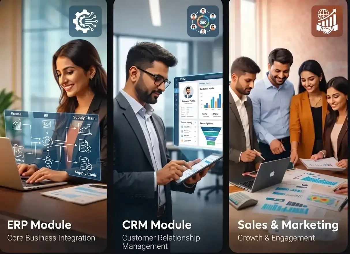 Sales team using CRM & Sales module to manage leads, track opportunities, and close deals within a secure enterprise ERP platform.