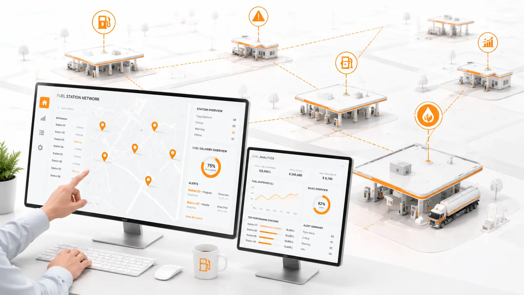 Multi-station fuel management system for petrol pump operations