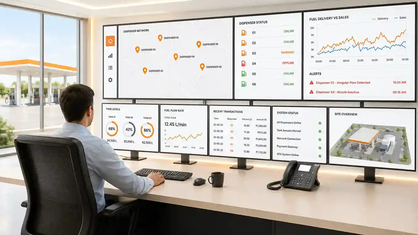 Real-time fuel dispenser tracking system with monitoring dashboard