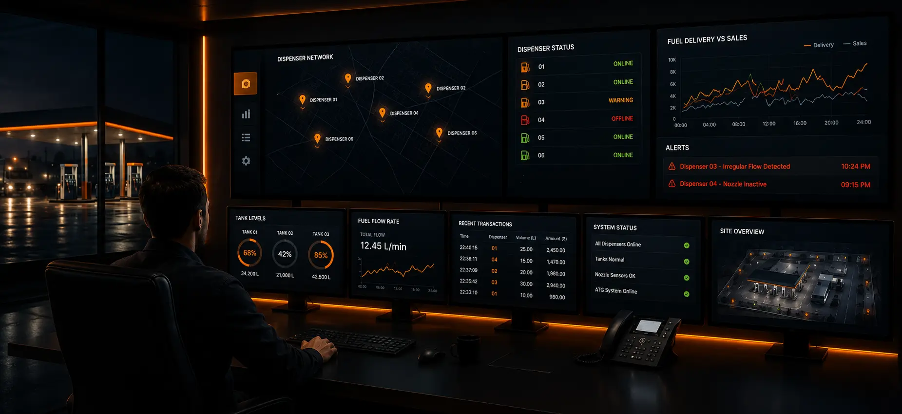 Real-time fuel dispenser tracking system with monitoring dashboard